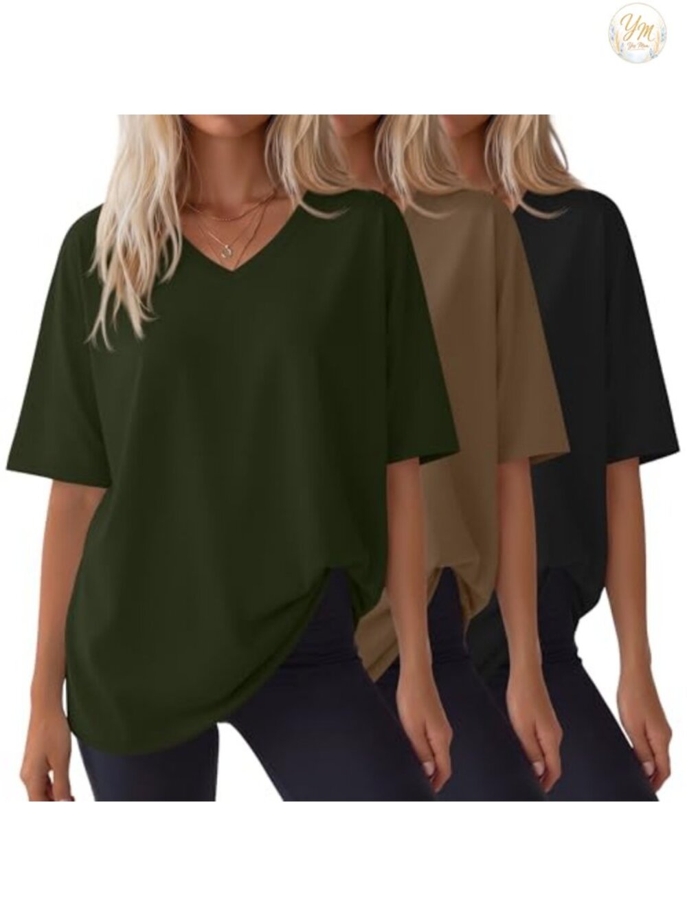 Women's Oversized V Neck Tee Shirts 3 Pack Drop Shoulder Cotton Blend
